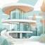 Placeholder: Vector illustration of a modern, neo-futufist country house with innovative shapes and curves. Concrete and glass materials. Trees, people