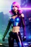 Placeholder: Futuristic fantasy character, portrait from waist up, physically fit, latex and leather attire, blue eyes, pastel hair, intricate eyeliner, vibrant eyeshadow, clear completion, soft lighting, 4k resolution, intricate details, insanely detailed, colorful cityscape background, masterpiece, expert, cinematic smooth, retroanime style, realistic details, no helmet