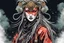 Placeholder: front facing portrait illustration of a gothpunk armored female kitsune vampire mercenary , beaded dreadlock hair, wearing an ancient ornate japanese kitsune mask , and shemagh, highly detailed with gritty post apocalyptic textures, caught in a cosmic maelstrom of swirling gases , finely detailed facial features and hair, in the graphic novel style of Bill Sienkiewicz, and Jean Giraud Moebius, ink wash and watercolor with realistic light and shadow