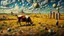 Placeholder: Surreal landscape painting, cow grazing in a field of ruins with small human figures, oil painting style inspired by Salvador Dali and Hieronymus Bosch, intricate details and textures, vibrant colors, long shot perspective.