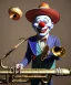 Placeholder: mechanoid smiling friendly clown playing jazz with a steampunk theme, trumpet, realistic