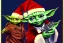 Placeholder: baby Yoda wearing a Christmas hat in a jazz club.1960's