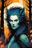 Placeholder: create a wildly conceptual print illustration of a feral wolven sorceress with highly detailed hair and feminine facial features, in an ethereal, otherworldly ,ancient autumn forest , in the comic book art style of Bill Sienkiewicz, Mike Mignola, Sparth, and Jean Giraud Moebius, finely drawn, colored, and inked, suffused with dramatic natural light and shadow of sunset