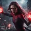 Placeholder: wanda maximoff com olhos vermelhos de magia, destruindo tudo, mulher ameaçadora, terror, 4k render, cores escuras, cinematográfico