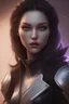 Placeholder: she is a beautiful young woman, black hair, and brown eyes, she is a classic rogue rogue, wields a dagger that shines with a purple light, outlines a malicious look on her face, wears armor made with leather highlighting, dark alley in background, soft lighting, close up, ultra realistic, unreal engine, 8k, impressive