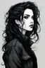 Placeholder: create a side profile, shoulder to heads, comic book style, pencils, of a dark haired, savage, dressed in black casual clothing, messy hair, goth girl