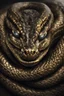 Placeholder: Close up of a Cobra snake ready to stike. Stunning and frightening pattern on forehead with staring eyes. Style of steampunk, chaos80, realistic and high quality