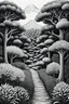 Placeholder: Landscape. M. C. Escher (Maurits Cornelis Escher) style art. Trees of garlic all in white color