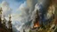 Placeholder: A burning rocky mountain side, plumes of smoke, burt trees, realistic, medieval, painterly,