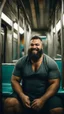 Placeholder: photography of an ugly arab chubby burly muscular strong man 41 years old with long beard, curly hair , sweat, big shoulders. manly chest, hairy , smiling mouth, photorealistic ,big shoulders, shirtless, boxer, barefeet, side light, sitting in a crowded subway wagon , neon lights , barefeet, side light, sitting with open legs inside a crowded subway wagon , neon lights, barefeet, side light, frontal view