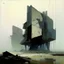 Placeholder: Contemporary abstract painting of Lebbeus Woods brutalist architecture in a wasteland techno decaying landscape. Hazy foggy sky. Concrete ground. Exposed twisted concrete. Style Justin Mortimer and JMW Turner.