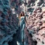 Placeholder: A full-body shot of a beautiful lady walking and looking at the camera 3D fractal world.3d recursive structure environment