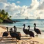 Placeholder: group of dodo birds on a tropical Galapagos beach with a 19th century wooden ship in the distance, stunning nature photography, dramatic