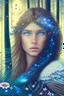 Placeholder: angelical indigenous , long hair, blue eyes, flowers, stars, galaxy, forest, birds