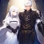 Placeholder: Girl with white hair wearing white robes. Boy with black hair wearing leather armor