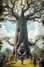 Placeholder: A hyper-realistic, A heavenly garden with a towering baobab tree, surrounded by people and angels in a peaceful embrace. , Photo Real, 64k
