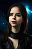 Placeholder: Portrait of pretty lady wearing a leather collar on space background