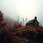 Placeholder: Close-up Ilford photograph of a creepy surreal landscape, eerie, no style, autumn vegetation, very surreal, trees, spooky, metaphysical objects, giant sun, intricate, thoughtful, appalling, mountain rocks, ruins of abandoned old farmhouse, deep 3d field, 8k, hypermaximalist, lot of fog