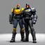Placeholder: In 3d Mikros animation style. Judge Dredd about to arrest a perp on a neutral grey background