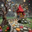 Placeholder: Photograph hasselblad h6d400c --ar 85:128 --v 6.0 of a fairy old bridge, tree, old bewitched house, made of felt, art, 3d deep field, Joan Miró, wide angle landscape scene, galaxies, creepy, needlepoint, abstract silhoutte, expressionist style, colorful holiday