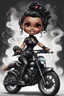 Placeholder: Create a digital airbrush illustration of a chibi cartoon full figure black female riding a sports motorcycle. She is wearing tie dye and black tights with biker boots. Prominent make up with log lashes and hazel eyes. Extremely highly detailed black shiny wavy hair up in a messy bun. Background of smoke surrounding her and the bike and she's at a bike show.