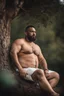 Placeholder: close up photography of a marocan 40 years old seated on a tree trunk in the wood, burly chubby muscular overweight, with opened shirt on manly chest, white bulging boxer, shirtless, hairy , golden hour, tatoo, Cinematic, 35mm lens, f/1.8, accent lighting, global illumination, frontal view from the ground