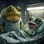 Placeholder: big fat large sad, yellow-green frog wearing a t-shirt, standing in an old, dilapidated room next to a bed. In the bed lies a pale gray, ancient and wrinkled lizard-medusa-frog mutant creature with two long tentacle arms, a large head, and big half-open black eyes with eyelashes. The blanket partially covers the creature. The frog gazes at the lizard creature, while the background is blurred, adding to the eerie atmosphere. The detailed, realistic rendering