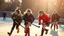 Placeholder: Young schoolgirls playing hockey, award-winning colour photograph, winter sunshine, action, determination, keen, tough