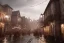 Placeholder: medieval fantasy town, rainy, street lights, market, tavern