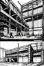 Placeholder: Abandoned industrial warehouses, line arts, manga style