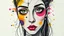Placeholder: A mixed media collage featuring an abstract female figure with expressive eyes, adorned in vibrant patterns and symbols that evoke emotion., focus on face, isolated background, color splashes, scribbles, pen strokes, collage style, mixed media collage, scrapbook aesthetic, yellow-orange black purple pink white tones, vintage paper textures, hand drawn elements, playful use of shapes, bold shadows, whimsical atmosphere, textured brushstrokes, monochromatic palette, light pastel colors --ar 1:2 --