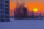 Placeholder: Sunset, winter, cyberpunk buildings in the ice, tendency to science fiction, impressionism painting