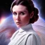 Placeholder: model shoot style, digital art zoomed out portrait of (Princess Leia) ((dressed in white and off white gown)), surrounded by 100 planets, ultra-detailed, ultra quality, illustration, eerie atmosphere, 8k, cinematic lighting