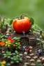 Placeholder: A tiny world of a garden with giant tomato and tiny people walking around