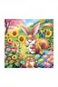 Placeholder: The cute bunny excitedly looks at a bright yellow sunflower in the colorful garden, the beautiful butterfly and the friendly brown squirrel are next to the bunny and smiling, child book illustration style, faces must be the same as reference image