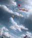 Placeholder: Ultra realistic speed clouds sky scene, wide angle view, strong men falling down with many Childs background, circus clothing style, feather color clothing, free jumping flying, many trinkets, hair monster, many jelly beans, balls, color smoke, smile, happy, extreme, wind, clouds sea, 20,000 feet altitude, stratosphere, soft color, highly detailed, unreal engine 5, ray tracing, RTX, lumen lighting, ultra detail, volumetric lighting, 3d, finely drawn, high definition, high resolution.