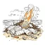 Placeholder: A beach bonfire with marshmallows roasting, cozy, festive, warm firelight, T-shirt design graphic, vector, contour, white background