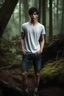 Placeholder: thin 17 year old male with dark short hair and blue eyes wearing a ripped and dirty white teeshirt, in a forest , photorealistic, 4k, dark fantasy