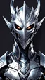 Placeholder: Logo silver skinned anime Dragman cyberpunk with dragon mask in his eyes (((full body)))