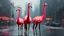 Placeholder: three giraffe-headed flamingos with giraffe neck and head and giraffe pattern, standing in a gloomy cyberpunk downtown kerbside in overdrive, acrylic and oil, minimalist, cinematic, dramatic, (glitch deconstruction:1.7), centered,, amazing verticals, excellent parallels