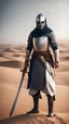 Placeholder: Muslim knight, strong build, holding a sword, standing in the desert, face masked