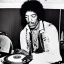 Placeholder: Jimi Hendrix at a turntable with headphones on being a DJ, cigarette