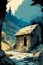 Placeholder: create in inkwash and watercolor, an empty tomb, landscape of ancient Tuscany in the comic book art style of Mike Mignola, Bill Sienkiewicz and Jean Giraud Moebius, , highly detailed,, grainy, gritty textures, , dramatic natural lighting