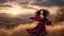 Placeholder: Hyper Realistic Close-Photographic-View of Beautiful-Long-Curly-Black-Haired-Pashto Girl Smiling & whirling with maroon-&-white-dress-with-golden-shawl on mountain top with tall grass & cold-breeze along with a tree & cloudy-sunset behind showing dramatic & cinematic ambiance