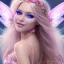 Placeholder: beautiful, soft, big smile face, whole head, long straight blonde hair blues eyes, crown on the head, clothing in transparent bluish and pink veil,fairy wings on the back, background brillante bluish and pink, hight definition, 8K