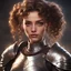 Placeholder: beautiful young lady with brown eyes, her curly brown hair is tied into a bun, her skin is luminous and her features strong, she is wearing knight's armor, her expression is resolute