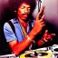 Placeholder: portrait of Jimi Hendrix at a turntable with headphones on being a DJ, cigarette in mouth