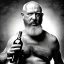 Placeholder: burly ugly 58 year old man bald with short beard and tank top manly chest chooses a bottle of wine in a cellar full of wine bottles dramatic light angry eyes highly detailed