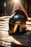 Placeholder: The Roman centurion's helmet lies on an old cracked wooden table. Next to the helmet, on the table, lies a cross on a string and a scroll of parchment. A ray of sunlight reflects off the helmet. All around is the entourage of ancient Rome. High quality image in 8K