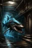 Placeholder: urban humanoid muscular brutish half-shark thresher shark in a sewer digital art